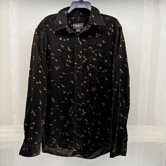 Eddie Bauer Mens LT Corduroy Shirt Button Up Duck Print Long Sleeve Black Brown - Picture 1 of 8